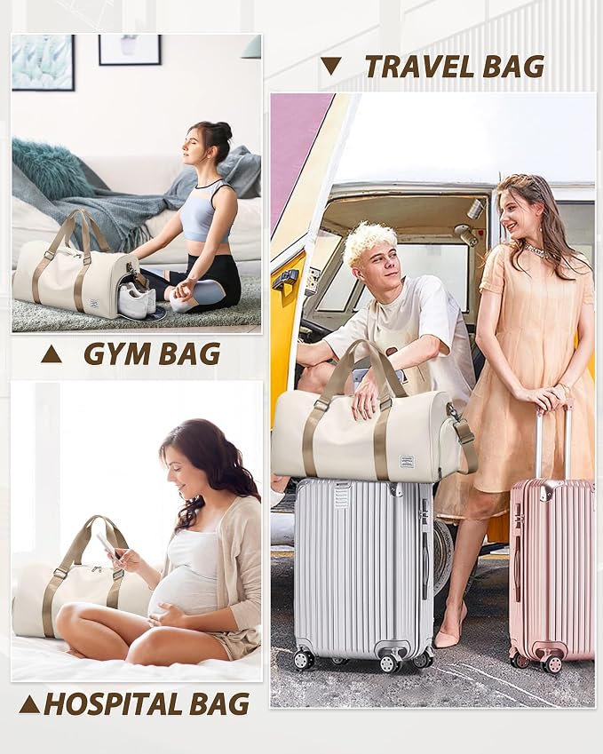 Travel Duffle Bag,Weekender Overnight Bags for Women with Shoes Compartment,Tote Gym Bag Personal Item Carry On Bag for Travel Business Trips Sport Hospital Dance Beige Brown