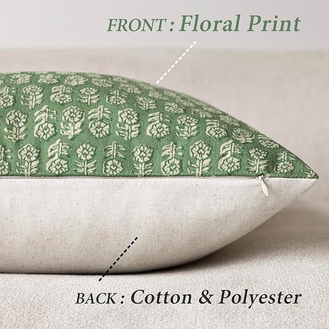 Foindtower Set of 2 Decorative Neutral Floral Print Throw Pillow Covers Vintage Accent Farmhouse Cushion Covers Boho Home Decor For Sofa Chair Couch Bedroom Living Room Outdoor,18×18 Inch,Forest Green