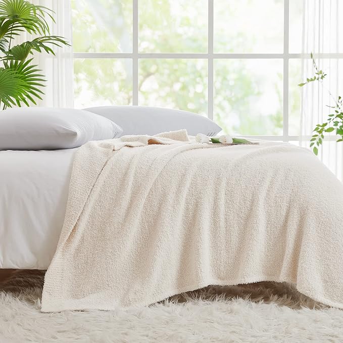 Super Soft Knit Throw Blanket Twin Size Cream White-Lightweight Plush Fuzzy Fluffy Warm Cozy Blankets and Throws for Sofa Bed All Season Use