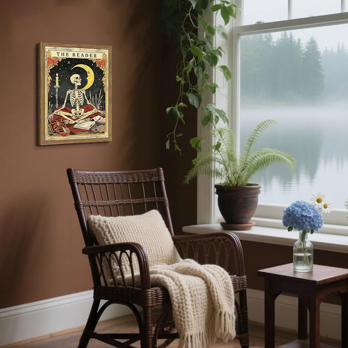 Framed The Reader Tarot Canvas Wall Art, Skeleton Reader Tarot Card Pictures Wall Decor, Bookish Witchy Library Poster Print Artwork for Witchy Reading Nook Book Lover Gift 12x16 inch