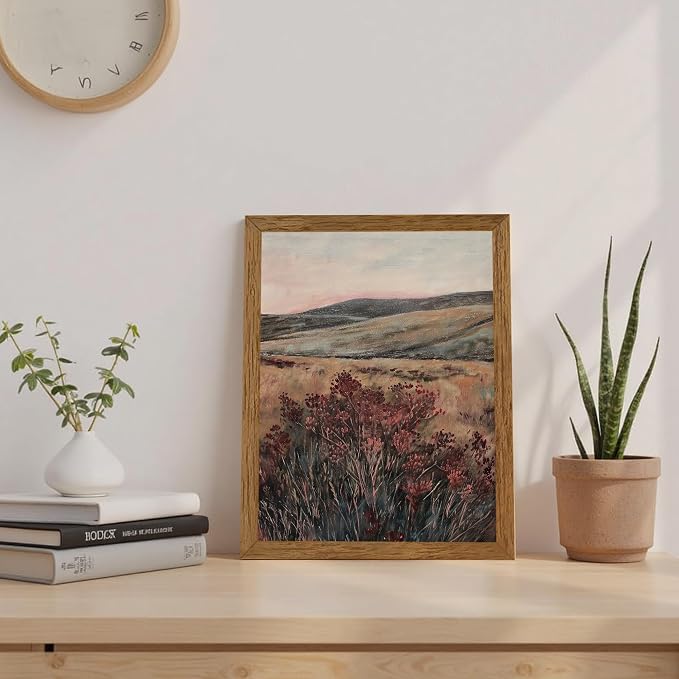 JLTULT Vintage Landscape Wall Art, Maroon Wood-Framed Canvas, 8 x 10 in | Moody maroon wildflower art on fade-resistant canvas with a ready-to-hang solid wood frame for bedrooms and living rooms