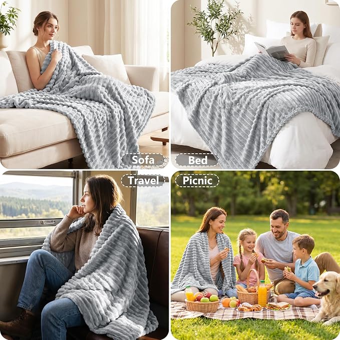 Light Gray Throw Blanket for Couch & Bed, 50 x 60 Inch | 300GSM Ribbed Fleece Blanket, Soft, Cozy & Lightweight, OEKO-TEX Certified, All-Season Use for Travel, Dorm & Home Decor