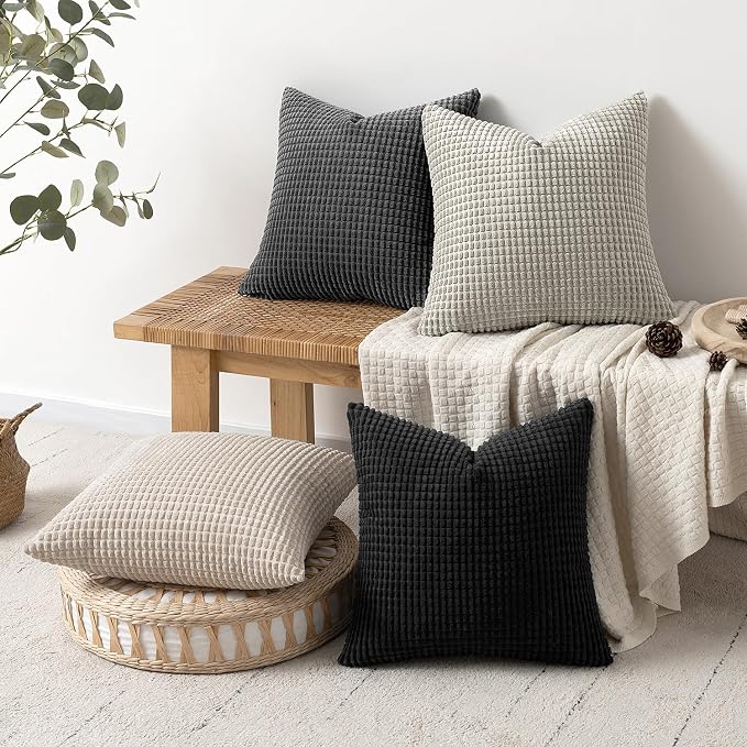 MIULEE Neutral Cream/Grey Decorative Pillow Covers 18x18 Inch Set of 4 | Boho Western Farmhouse Throw Pillows, Industrial Corduroy Couch Pillowcases, Home Decor for Sofa Living Room Bed