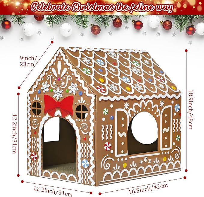 Cinrobiye Christmas Cardboard Cat House with Scratcher Pet Gingerbread Board Bed Cave Playhouse Hideaway Hideout Condo Decor Small Animals Scratch Box for Indoor Cats Kittens Rabbits Bunny (Brown, 1)