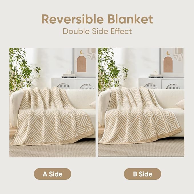 Snuggle Sac Ultra Soft Boho Throw Blanket for Couch Sofa Bed 50x60 inches, Reversible Beige Striped Blanket Microfiber Fluffy Fuzzy Cozy Knit Soft Throws Birthday Gifts for Women