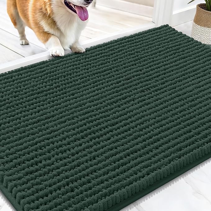 OLANLY Dog Door Mat for Muddy Paws 34x21, Extra Absorbent Chenille Mud Mat | Blackish Green, Absorbs Moisture and Dirt, Non-Slip Machine Washable Doormat, Quick-Drying Indoor Entryway Floor Mat for Dogs
