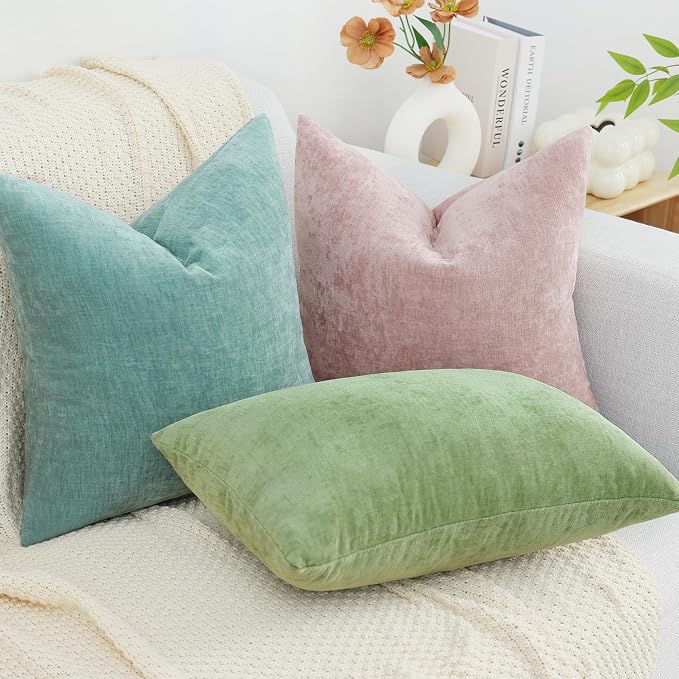 decorUhome Chenille Aqua Haze Throw Pillow Covers 18x18 Inch Set of 2, Decorative Soft Couch Pillow Covers Solid Dyed Accent Velvet Farmhouse Neutral Square Pillow Cases for Sofa Bed Living Room | Decorative Fall Couch Pillow Covers Solid Dyed Accent M...