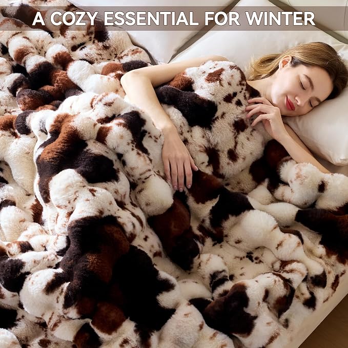 Anysay Faux Fur Throw Blanket, 1000GSM Fluffy Soft Bubble Blanket 60''*80'' | Cozy Plush Warm and Thick Blanket for Couch Bed, Fuzzy Rabbit Throw for Living Room Bedroom Cow Brown