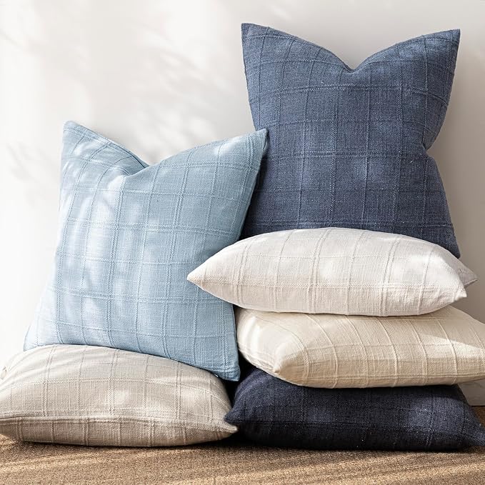 Foindtower Set of 2 Decorative Linen Check Throw Pillow Covers Neutral Farmhouse Vintage Cushion Covers Modern Boho Accent Home Decor for Sofa Chair Couch Bedroom Living Room,20×20 Inch,Sky Blue