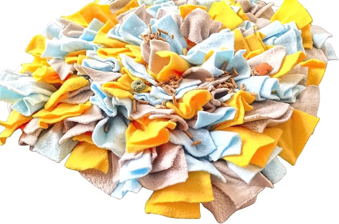 Pet Fleece Snuffle Mat Square Shape Foraging Mats Interactive Feeding Toy Anti Slip Slow Feeder Treat Dispenser for Dog Rabbit Guinea Pig (Grey Blue Yellow)