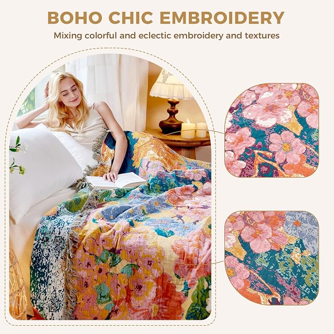 LUTBM Boho Throw Blanket for Bed 60"x80", All Season Cotton Couch Blankets | Reversible Watercolor Floral, Muslin Twin Quilt, For Chair Sofa Living Room, Lightweight & Breathable Gauze, Home Decor Gift