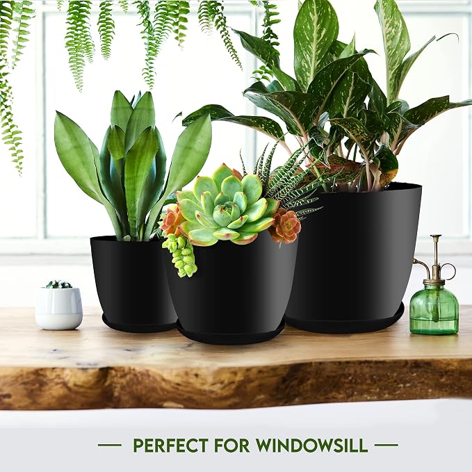 Plant Pots Indoor with Drainage, 5 Pack Multi-Size Planters Set, Black | Drainage holes included Multiple sizes 7/6.6/6/5.3/4.8 In Indoor plants and flowers Durable plastic construction