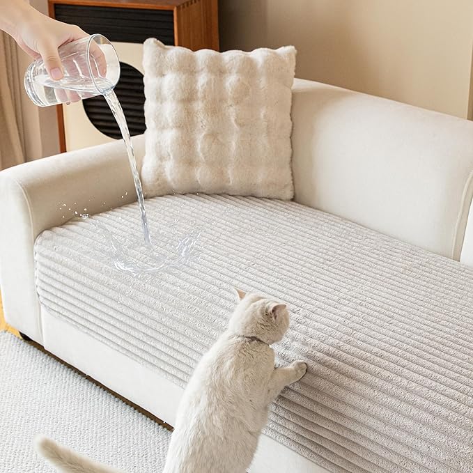 MYSKY HOME 100% Waterproof Couch Cover, Couch Covers for Dogs Washable, Non Slip Couch Covers for 3 Cushion Sofa Pet Friendly, Sofa Covers Washable Slipcover Dog Couch Cover Protector, Oat, 35"x82.7"
