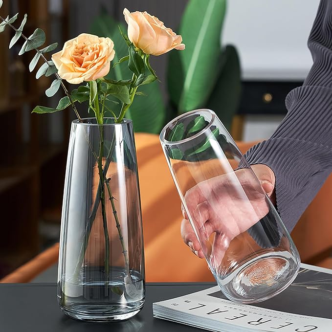 FANTESTICRYAN Modern Glass Vase, 8.7''H Decor Flower Vases, Crystal Clear | Crystal Clear Glass Fresh/Faux Floral Vases, For Home Office Table Centerpiece Decor Housewarming Wedding Gift for Lover