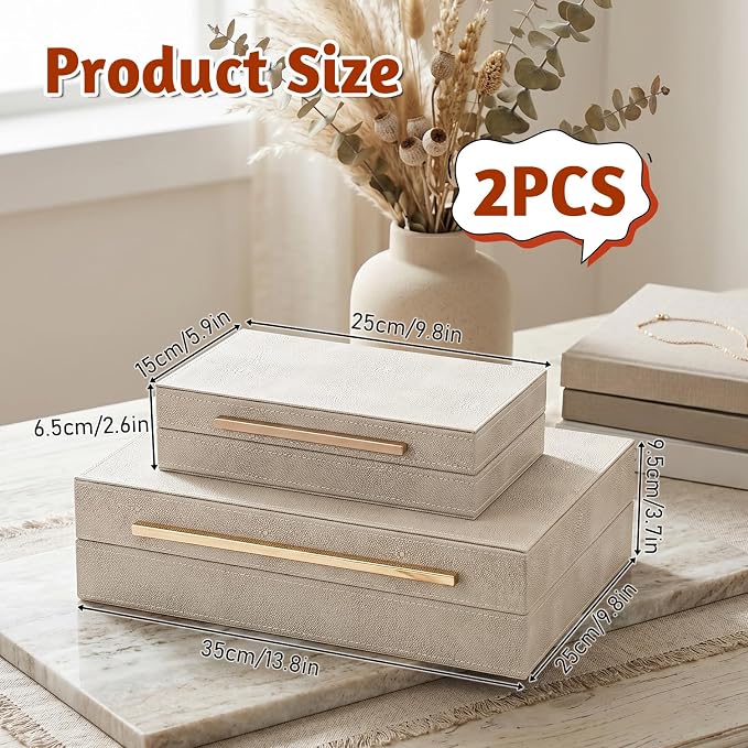 Set of 2 Beige Shagreen Decorative Storage Boxes with Lids PU Memory Boxes | 13.8/9.8inch PU Leather Large Nesting Organizer Bins with Gold Handles for Keepsakes, Photos, Modern Home Decor
