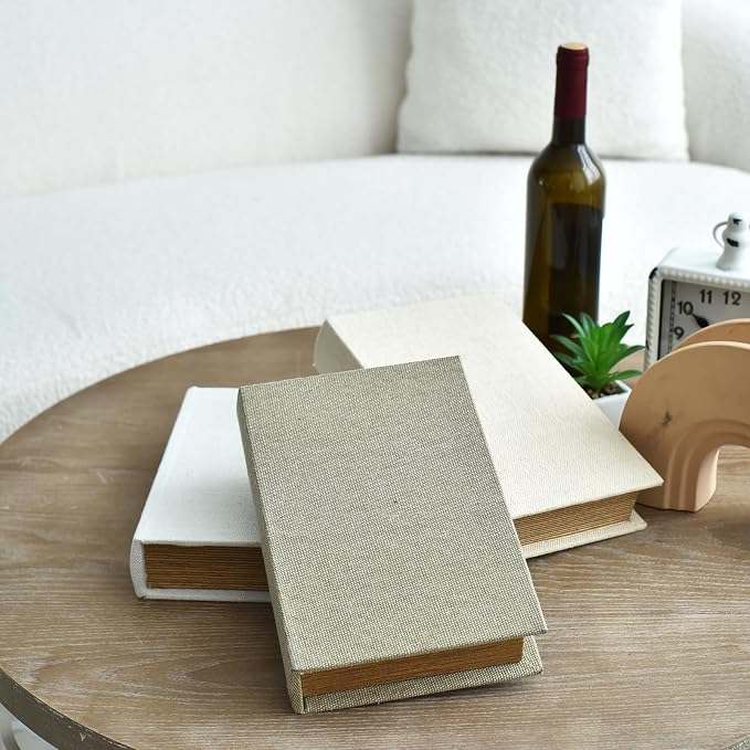 DECOR4SEASON Modern Linen and Wood Decorative Faux Book Boxes Set of 3,10" | Taupe,Beige,Off White