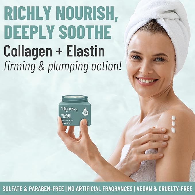 Collagen + Elastin Skin Strengthening Body Butter for Dry Skin – Hydrating & Firming Skin Care, Vegan Skincare, 16 oz