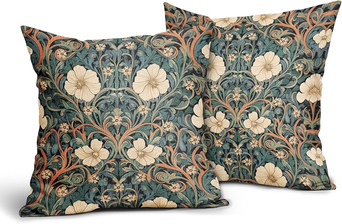 Vintage Floral Pillow Covers 18x18 Inch Orange Whtie Green Toile Flowers Pillow Cases Chinoiserie Aesthetic Tapestry Linen Cushion Case Farmhouse Home Decor for Sofa Couch Porch Outdoor Set 2