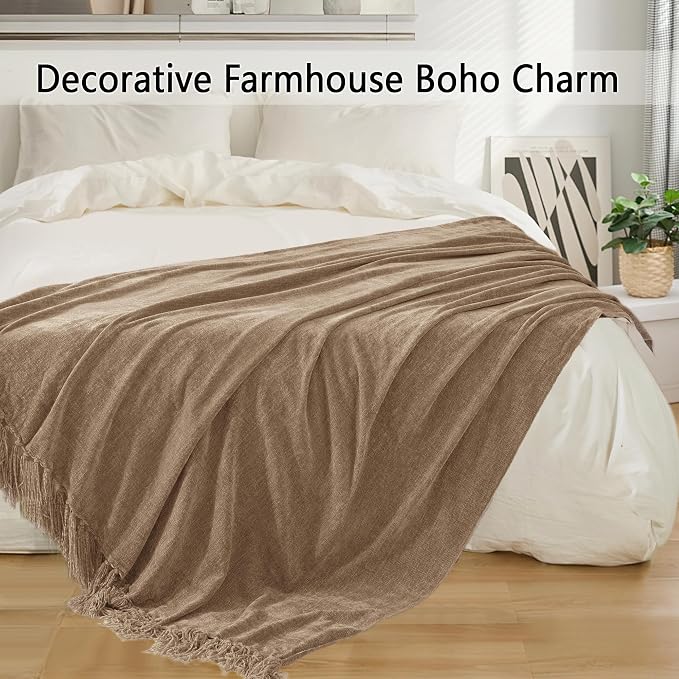 Chenille Throw Blanket for Couch 60" x 80" Twin, Taupe | Soft Cozy Warm Throws with Fringe Tassel, for Living Room Bed Sofa Chair Cover, Lightweight Knitted Decorative Boho Blankets