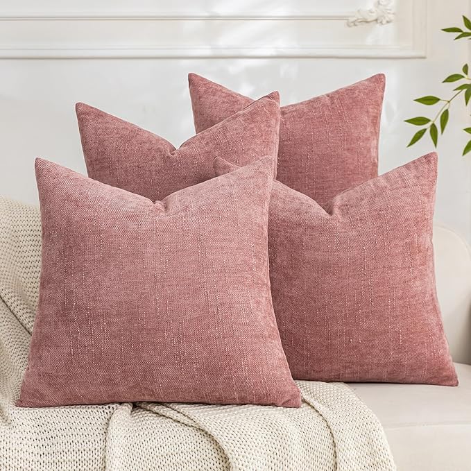 Set of 4 Soft Textured Decorative Throw Pillow Covers 18x18 Inch Cozy Farmhouse Cushion Cover Square Accent Pillow Cases for Bed Couch Sofa Living Room, Plum Pink