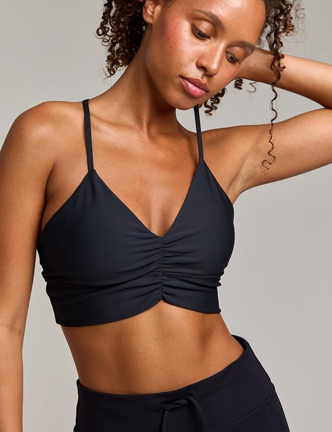 Women's Flow Scrunch Sports Bra V Neck Padded Yoga Tank Adjustable Straps Cross Back Crop Tops