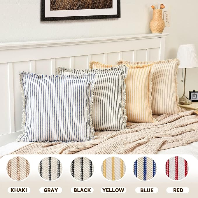 Throw Pillow Covers 12x20 Set of 2 Striped Pillow Covers with Fringe Chic Cotton Decorative Pillows Square Cushion Covers for Sofa Couch Bed Living Room Farmhouse Decor(Bright Blue)
