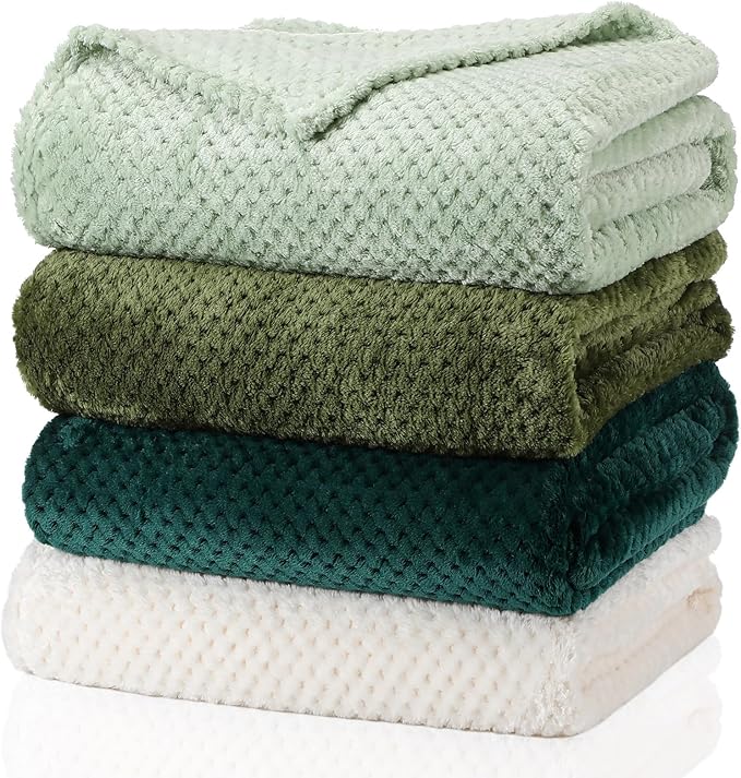 Newwiee 4 Pcs Fleece Throw Blanket, 3D Waffle Textured,Gradient Green | Soft Lightweight Set for Couch Bed Sofa, Warm Winter Throws, No Shedding Pilling, Flannel Waffle Texture, 50x60 Inch