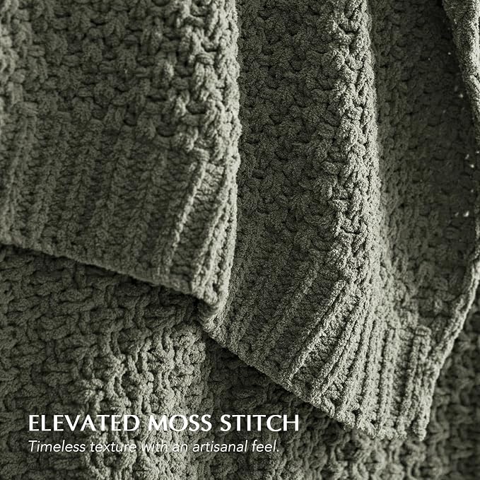 EVERGRACEHOME Chunky Chenille Knit Throw Blanket, 108x92, Dried Thyme Green | Sculpted Moss Stitch, Chic Modern Farmhouse, All-Season Warmth, OEKO-TEX® Certified, Oversized King for Couch, Bed, Sofa