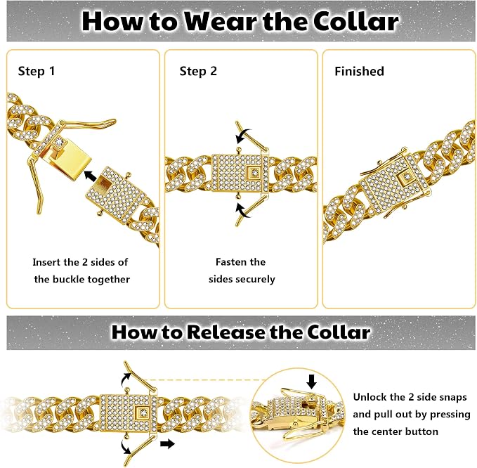 Custom Dog Chain Collar with Name, Diamond Collars Metal Chain Necklace with Secure Buckle, Cuban Style Jewelry Accessories for Puppy Small Medium Large Dogs(Gold, 10 Inch)