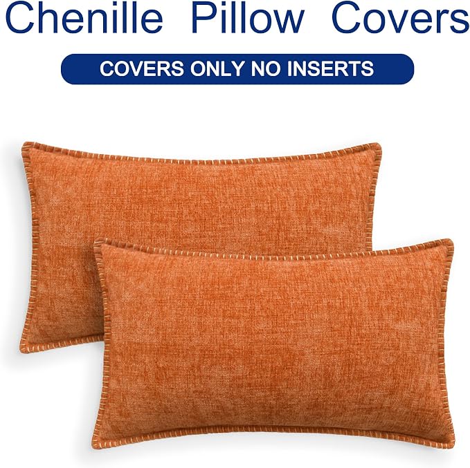CaliTime Fall Decorative Throw Pillow Covers 20 X 12 Inches Burnt Orange | Pack of 2, Cozy Chenille Cushion Cases, Cotton Thread Stitching Edges, for Couch Sofa Bed Living Room Farmhouse