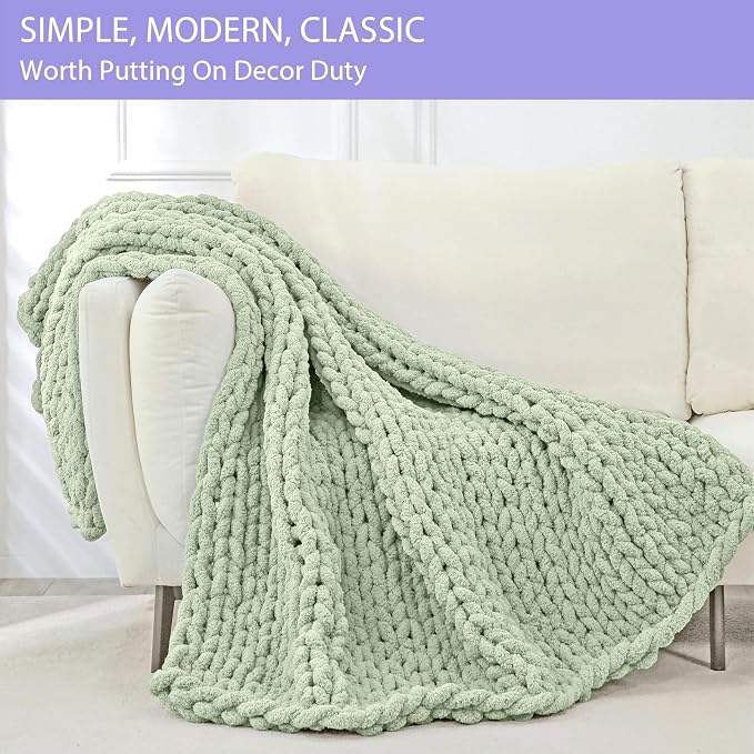Bigacogo Chunky Knit Throw Blanket for Couch, 40x80 inches, Sage Green | Hand Knit with Jumbo Chenille, Soft Breathable Cable Knit for Sofa Bed Living Room, Machine Washable, Gift for Mom Friend