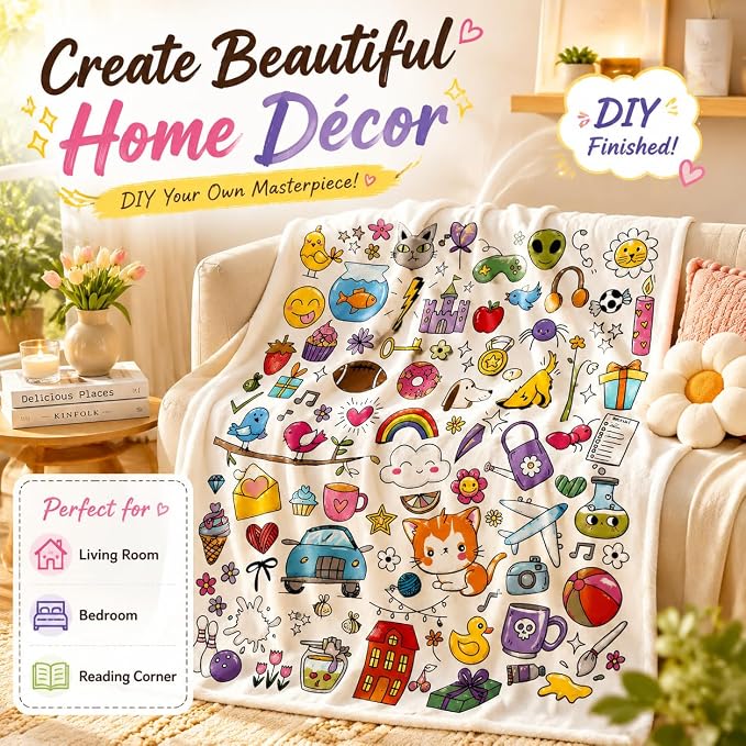 VEELU DIY Cartoon Coloring Blankets with 24 Colors Markers for Adults | Color In Your Own Blankets With 24 Colors Markers, Snuggle Color Sketch Washable Blankets Kit Home Decor