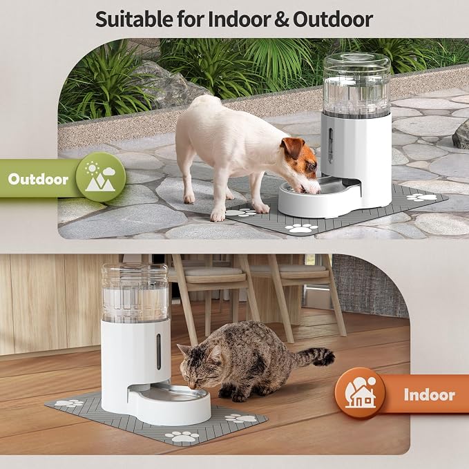JUNSPOW Cat Water Dispenser with Placemat & Stainless Steel Bowl (4L White) | Automatic Gravity Water Dispenser for Cats or Small Medium Size Dogs, Large Capacity, Easy to Clean