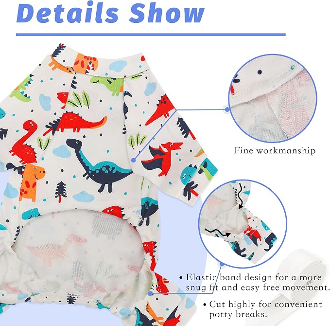 Dog Pajamas Comfy Dog Clothes for Small Dogs, 100% Cotton Dog Pjs Stretchy Breathable, Comfy Soft Pet Onesie Designed for Extra Small Sized Dogs Boy Girl Pet Jammies Outfits (Dinosaurs, Large)