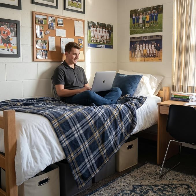 BEDELITE Plaid Fleece Twin Blanket, Navy Tartan 60x80 Inches | 100% Polyester Microfibe, Soft Cozy, Lightweight Warm, Classic Buffalo Plaid, Room Decor, Gift for Men Boys, for Couch Bed