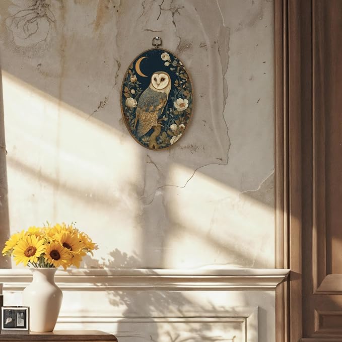 LKETW Vintage Owl Floral Oval Wall Art Decor, Rustic Cottagecore Bird Oval Canvas Hanging Decor, Dark Academia Barn Owl Wildlife Wall Decorations for Home Bedroom Living Room, 8.6x11.4 Inch