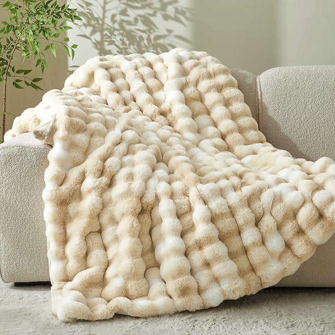BEDELITE Faux Fur Throw Bubble Blanket for Couch, 50" x 60", Tie-Dye Khaki | 870GSM Soft Cozy Plush Blanket for Sofa & Bed Living Room Decor, Warm Fuzzy Faux Rabbit Fur for Women Gift, All Season Use
