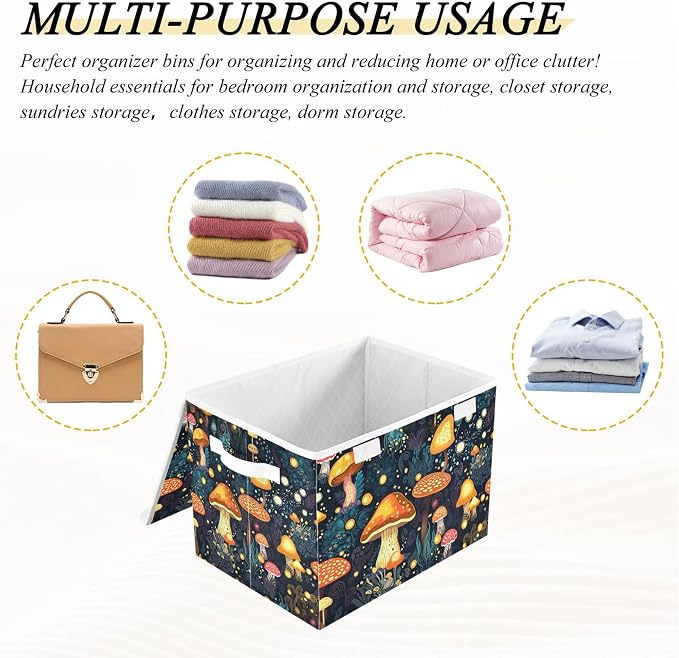 Mushrooms Storage Bins with Lids and Carrying Handle,Foldable Storage Boxes Organizer Containers Baskets Cube with Cover for Home Bedroom Closet Office