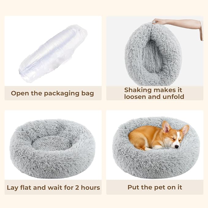 Calming Donut Dog Bed for Small Dogs, Anti-Anxiety Round Washable Plush Fluffy Faux Fur Large Cat Bed, 24 inches Fits up to 25 lbs Pets, Anti-Slip Waterproof Mute Base Gray