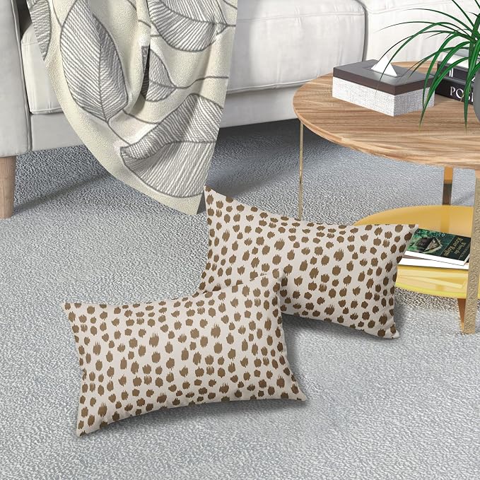 Brown Cream Pillow Covers 12x20 Set of 2 Boho Design Polka Dot Throw Pillows Modern Brush Strokes Print Decorative Outdoor Pillowcase Lumbar Cushion Cover Linen Pillow Case for Home Sofa Couch Bed