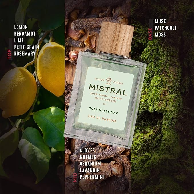 Mistral Men's Cologne - Golf Valbonne Eau de Parfum Spray | Long-Lasting Fresh Green & Citrus Fragrance with Bergamot, Mint & Moss | Cruelty-Free French Cologne for Men | Made in France - 3.4 Oz