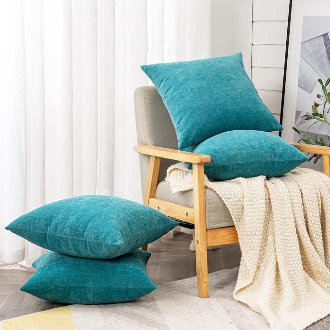 GAWAMAY Decorative Square Throw Pillow Covers 18x18 Inch Set of 4, Super Soft Chenille Pillows Cover Fall Pillowcase for Living Room Bedroom Sofa Couch Cushion Cover Teal 45x45cm (No Insert)