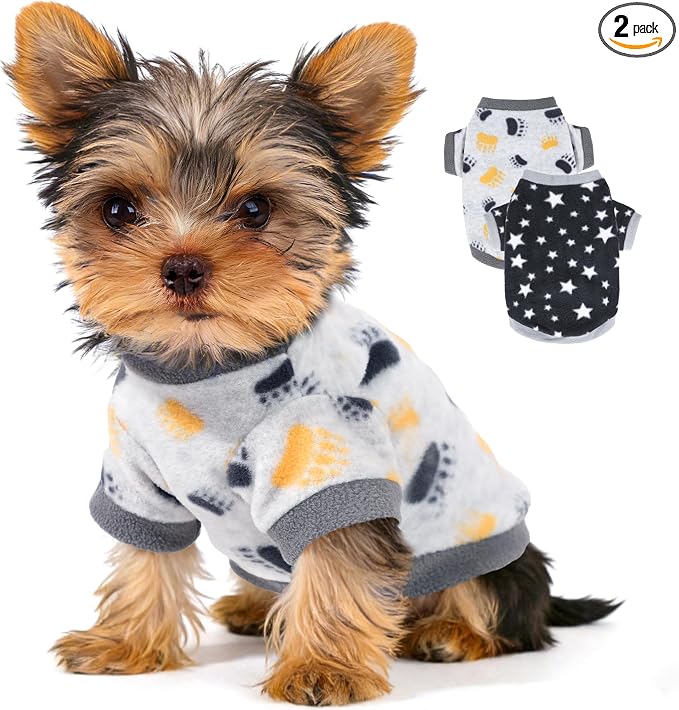 2 Pieces Dog Sweaters for Small Boy Fleece Puppy Sweater for Teacup Chihuahua Yorkie Clothes Soft Warm Dog Clothes Doggie Pet Outfit Apparel Dog Paws, Stars Print, Small