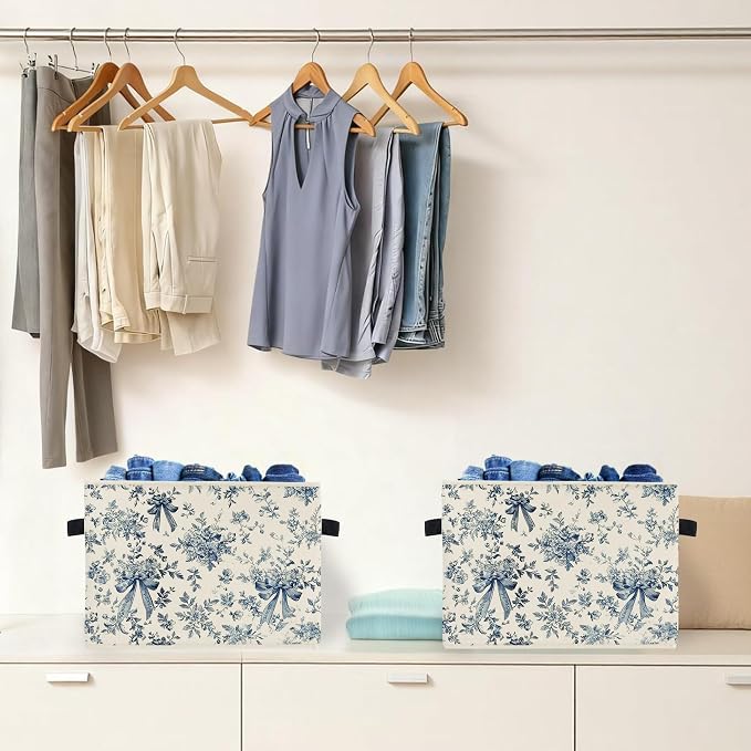 Chinoiserie Bow Floral Storage Box Bins, Blue and White Grandmillennial Flower Collapsible Storage Basket Organizer for Bedroom Laundry Room Home Clothes Books, Decor for Room
