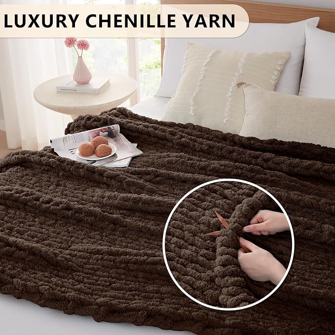 L'AGRATY Chunky Knit Throw Blanket for Couch, 60 x 80 Inches, Cocoa Brown | Handmade Chenille Crochet Blanket for Sofa Bed, Thick Cable Knitted Blankets for Room Home Decor, Birthday Gift for Women Mom