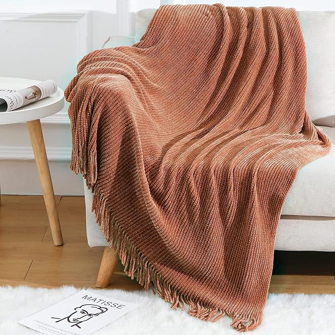 Blagic Chenille Throw Blanket for Couch and Bed,50" x 60",Maple Brown | Soft Farmhouse Boho Throw Blanket with Tassels,Decorative for Living Room,,Stripe Textured Throws for Bed/Chair/Sofa