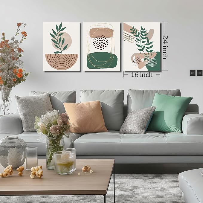 DNIEOTU Boho Canvas Wall Art for Living Room, Minimalist Geometric Shapes Wall-Decor for Bedroom, Modern Botanical Picture Prints, Size 16 x 24 Inches 3-Pieces