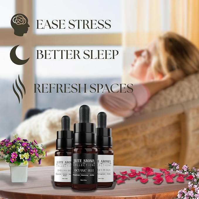 High end Floral & Fresh Hotel's and Cologne's -Inspired Essential Oils Elite Romance Set(3-Pack, 0.33 Fl Oz) – Oceanic Blue, Scarlet Petals & Timeless Rose – Scents for Diffusers & Aromatherapy