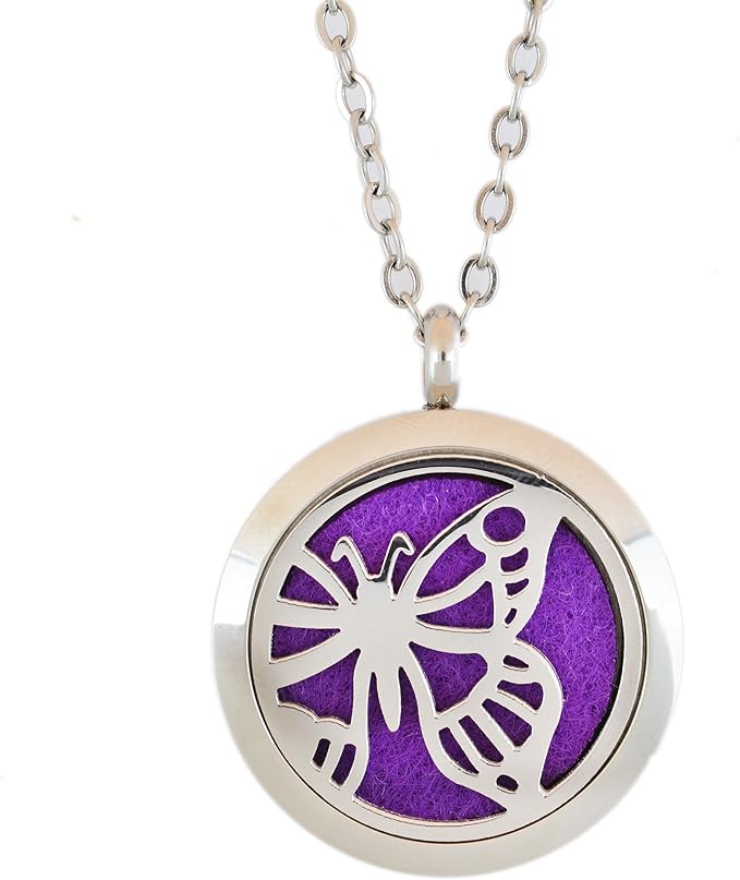 Aromatherapy Essential Oil Diffuser Stainless Steel 30MM Silver Magnetic Locket Pendant with Chain Necklace and Colored Refill Pads & Diffuser Bracelet All in a Velvet Bag (butterfly1)