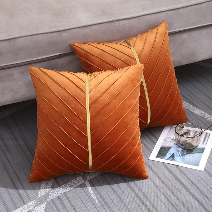 Velvet Throw Pillow Covers 18x18 Pack of 2 Gold Decor Burnt Orange | Soft Solid Pillow Covers,Modern Luxury Home Decor,Halloween Fall Decor,Hidden Zipper,Ideal Gift,Easy Care